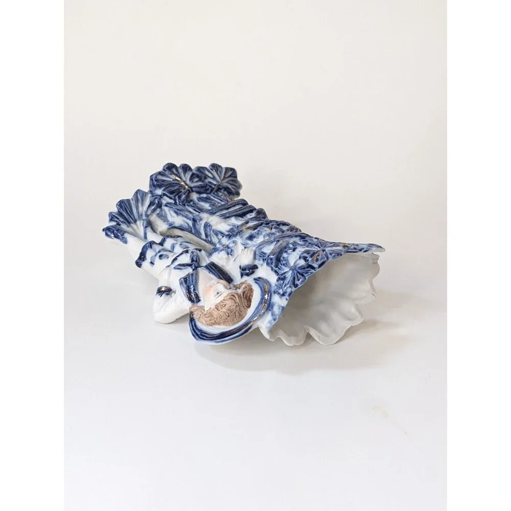Antique German Mantel Vases Pair Boy Girl Blue White Porcelain Figurines‎ c1900